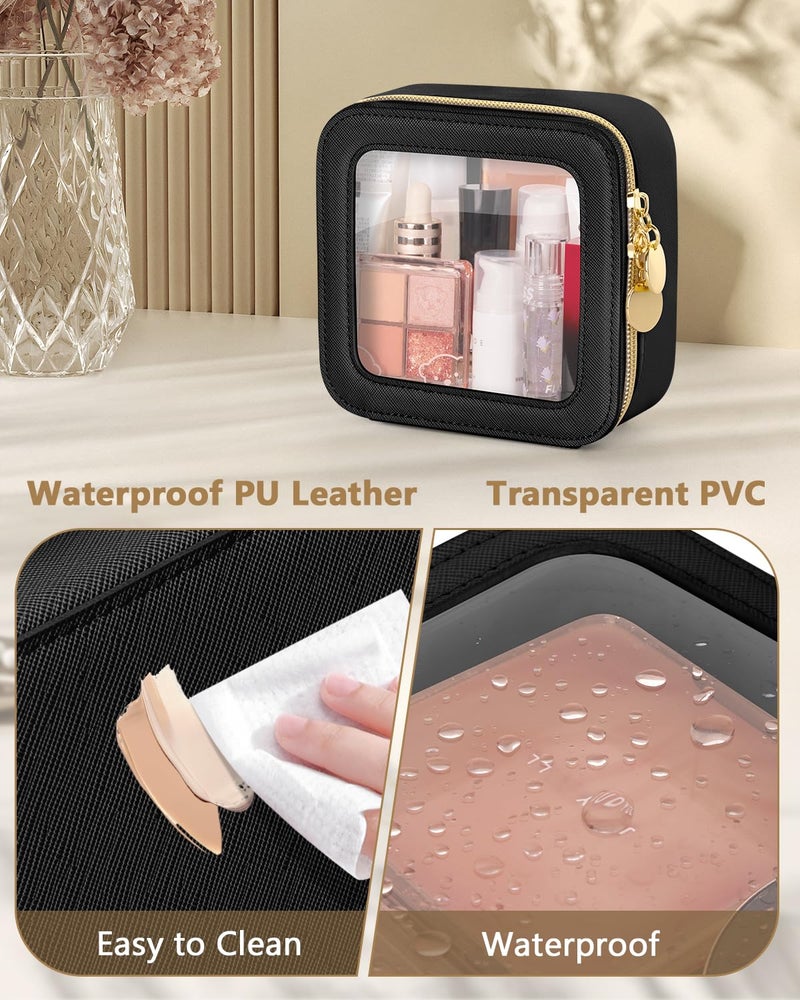 Soimeat Clear Makeup Bag  Portable Travel Cosmetic Bags  Multipurpose Leather Toiletry Bag with Zipper  Waterproof Transparent Cosmetic Organizer for Women  Mini  Black - Image 4